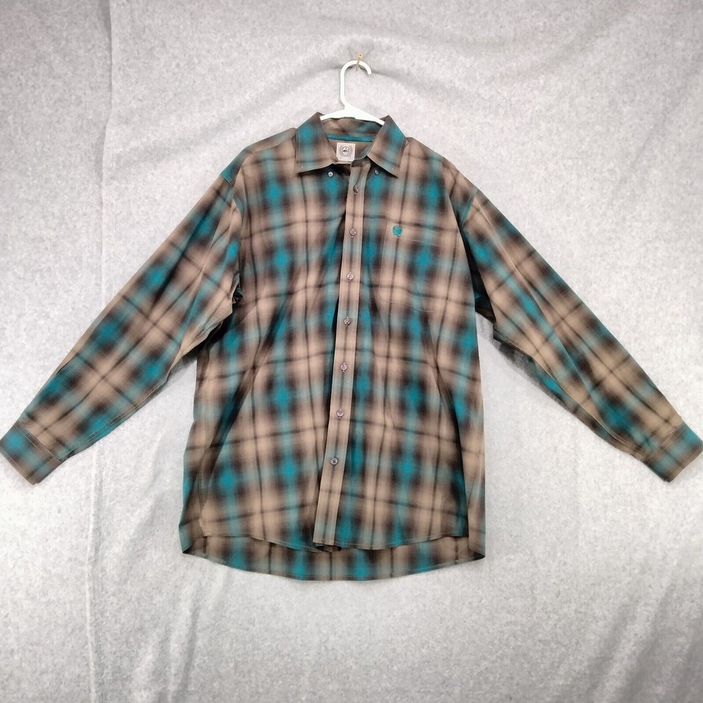 Cinch Teal Blue Plaid Cotton Long Sleeve Button Down Shirt Cinch Up Mens Medium